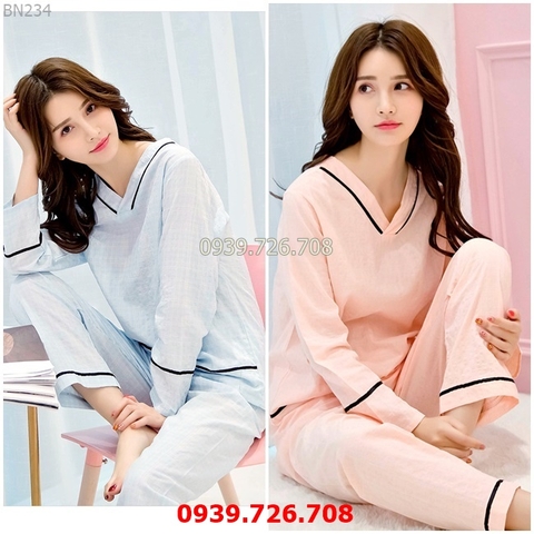 Bộ đồ cotton dài tay mặc nhà - Đồ bộ ngủ nữ chất vải cotton gân nhẹ mát thấm hút mồ hôi quần dài hàng đẹp chuẩn MÀU xanh và cam