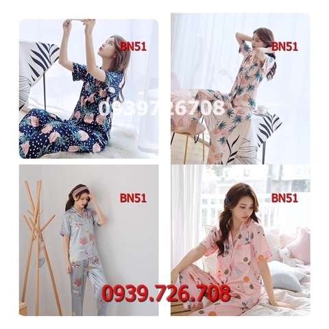 Bộ ngủ Pijama nữ quần dài tay ngắn chất phi lụa