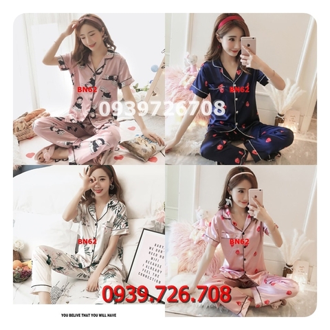 Bộ ngủ Pijama nữ quần dài tay ngắn chất phi lụa đẹp