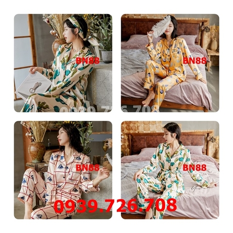 Bộ ngủ pijama lụa quần dài tay dài sang trọng quý phái hàng cao cấp