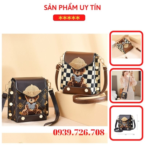 Túi đeo chéo nữ nhỏ gọn đựng điện thoại kiểu Hàn Quốc thêu gấu dễ thương cute thời trang