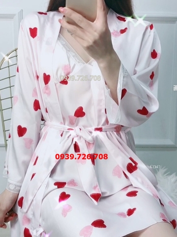 Váy ngủ kèm áo choàng - Áo choàng ngủ nữ kết hợp đầm ngủ lụa cao cấp họa tiết trái tim dễ thương xinh xắn