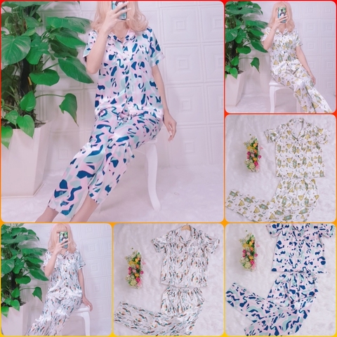 Bộ ngủ pijama hàng thiết kế quần dài tay ngắn in hình phối nẹp đôi chất lụa cao cấp