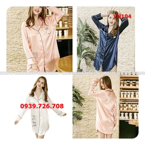 Váy ngủ pijama lụa trơn phối chữ tay dài