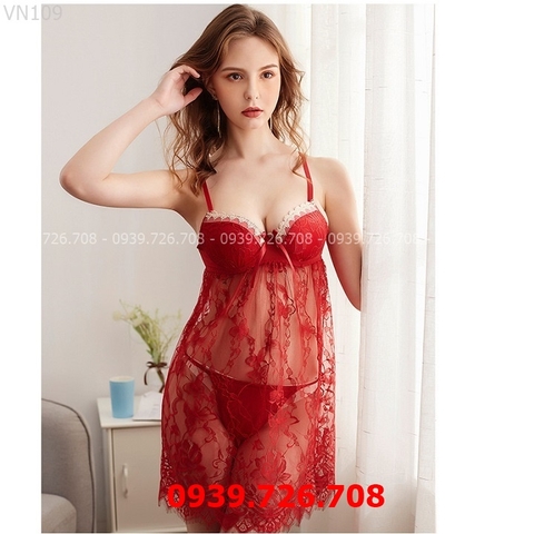 Đồ ngủ quyến rũ - Đầm váy ngủ sexy xuyên thấu viền ren gợi cảm có gọng mút nâng hở ngực kèm quần lọt khe sexy MÀU ĐỎ