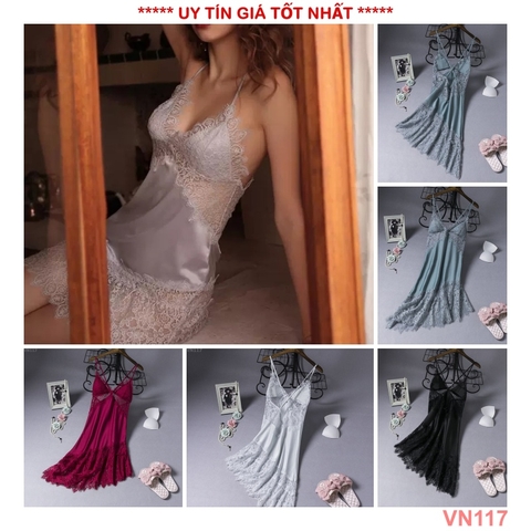 Đầm ngủ nữ đẹp-Váy ngủ lụa cao cấp 2 dây phối ren tà xéo quyến rũ