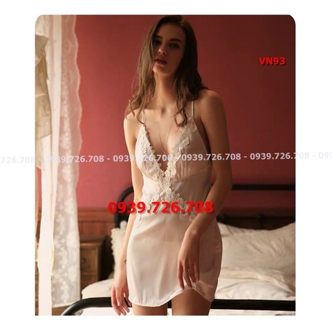 Đầm ngủ lụa satin viền ren sexy lưng đan dây