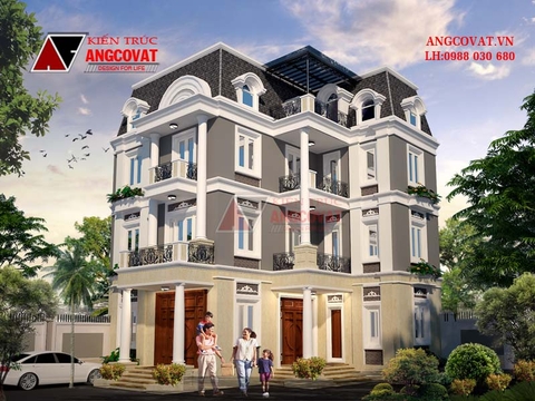 Bản vẽ kiến trúc nhà biệt thự 3 tầng kiểu pháp diện tích 150m2 hình chữ L BT112046