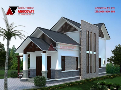 Mẫu thiết kế biệt thự 1 tầng có gác lửng mái thái mặt tiền 7m diện tích 70-80m2 BT109056
