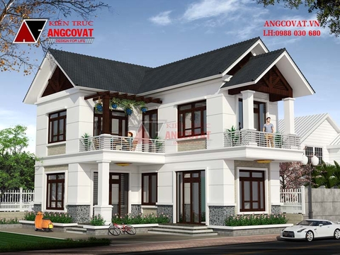 Mẫu thiết kế nhà biệt thự 2 tầng hình chữ L mặt tiền 8x12m diện tích 80m2 BT125046