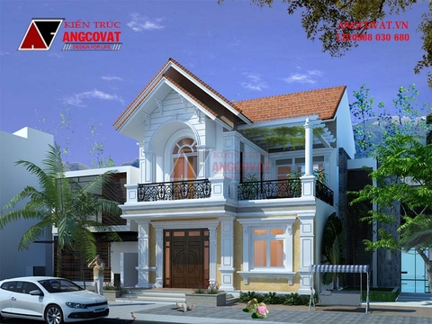 Mẫu thiết kế biệt thự tân cổ điển 2 tầng mặt tiền 9m diện tích 90m2 3 phòng ngủ BT107016