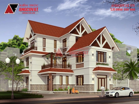 Mẫu thiết kế biệt thự 3 tầng hình chữ L mái thái diện tích 130m2 mặt tiền 12x15m BT127115