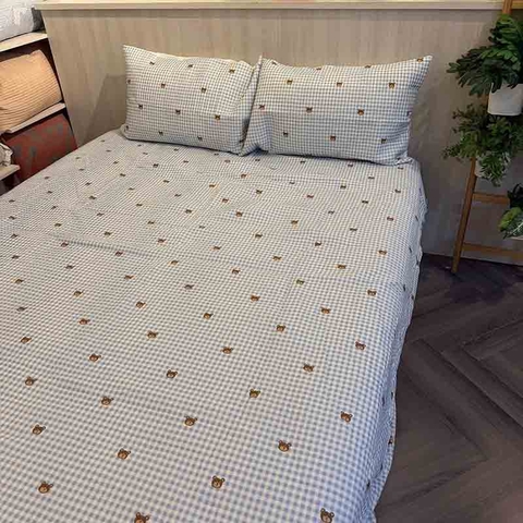 Drap bọc cotton 180x200cm + 2 vỏ gối - gấu caro xanh- DRP060022