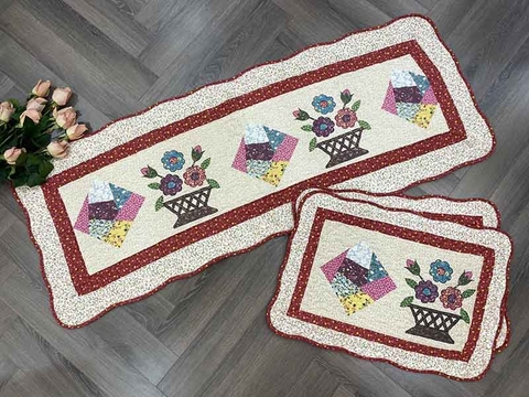 Thảm set 3 - giỏ hoa & ô vuông sắc màu - viền đỏ hoa nhí - T3N54503