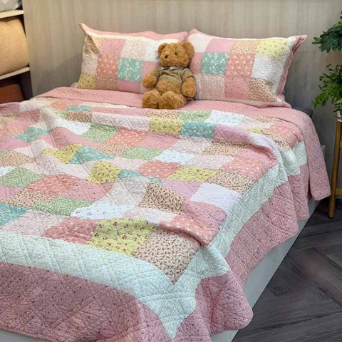 Chăn bộ - Ô vuông ghép nhiều màu- viền hồng - CNB30145