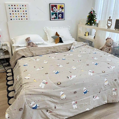 Chăn lẻ cotton đũi 200x230cm - gấu trắng nền nâu - CNL061734