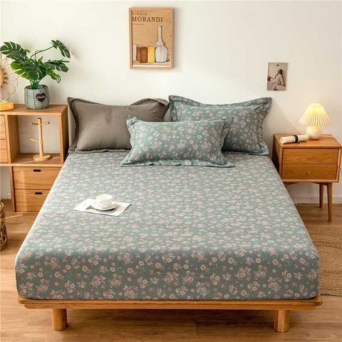 Drap bọc 140x200cm gồm 2 vỏ gối - Hoa xanh lá đậm  - DRP03054
