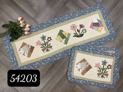Thảm Set 3 - Hoa cúc 3 nhánh & ô vuông sắc màu - viền xanh - T3N54203