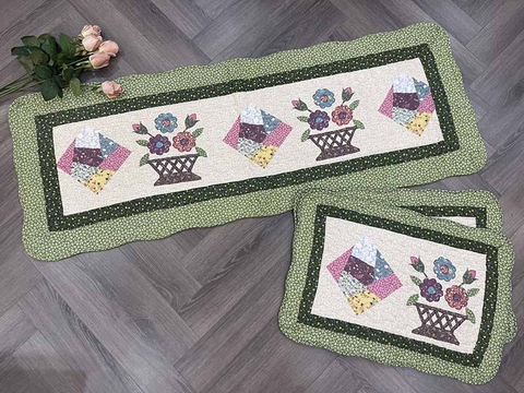 Thảm set 3 - giỏ hoa & ô vuông sắc màu - viền xanh lá hoa nhí - T3N54504