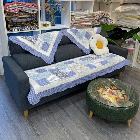 Thảm sofa 70x150cm - Ô vuông viền xanh dương - TSF11871