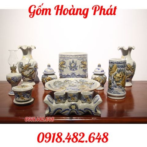 Bộ đồ thờ cúng Phật men rạn đắp nổi gốm Bát Tràng