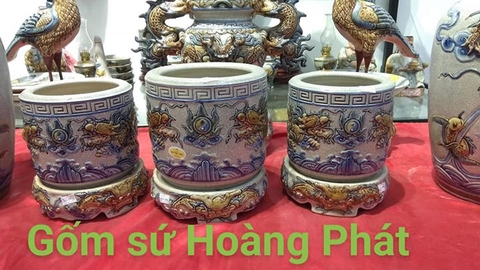 Bộ đồ thờ men rạn đắp Lưỡng long chầu nguyệt ban thờ 610cm x Rộng 1070