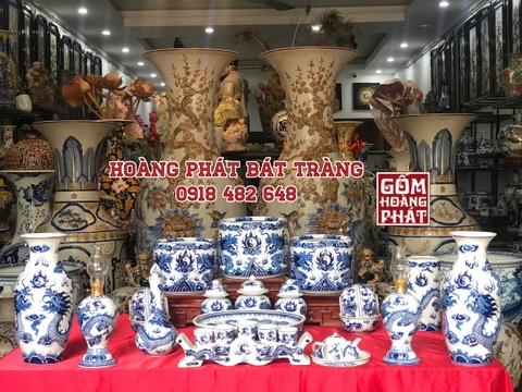 Bộ đồ thờ men lam nổi 3D gốm sứ Bát Tràng