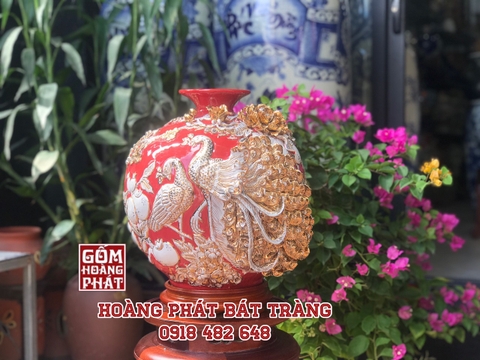 Bình hút tài lộc công đào phú quý màu đỏ dát vàng cao cấp H38cm