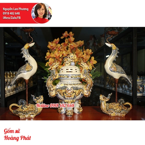 Bộ lư hương, đỉnh hạc sứ men rạn đắp nổi số 3 SP4680