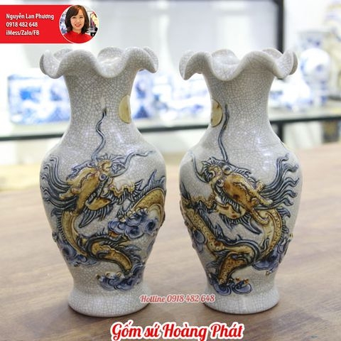 Lọ lộc bình bộ đồ thờ men rạn đắp nổi cao cấp Bát Tràng