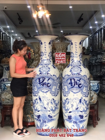 Lục bình sứ Phúc Đức men lam cao cấp 1m75 Bát Tràng
