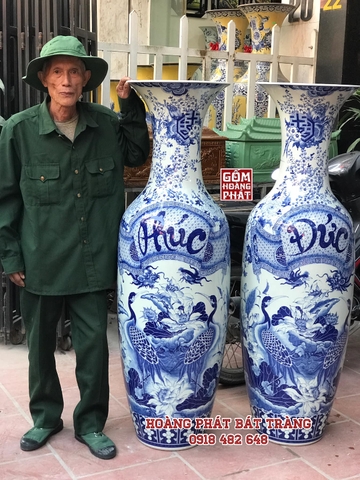 Lục bình sứ Phúc Đức men lam vẽ kỹ hàng khử Bát Tràng 1m35 LBML02