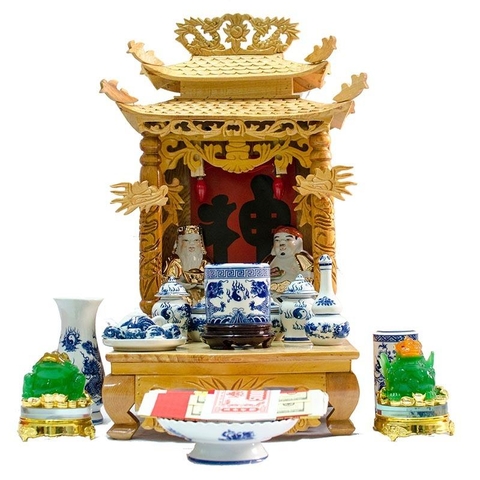 Bộ đồ thờ men lam gốm sứ Bát Tràng cho ban thờ thần tài