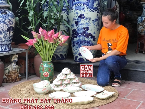 Bát đĩa nhà hàng, khách sạn men kem hoa sen hồng