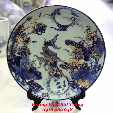 Đĩa cảnh vẽ lý ngư vọng nguyệt vàng kim 24k SP5066