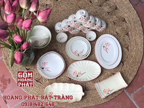 Bộ đồ ăn hoa sen men kem cao cấp Bát Tràng