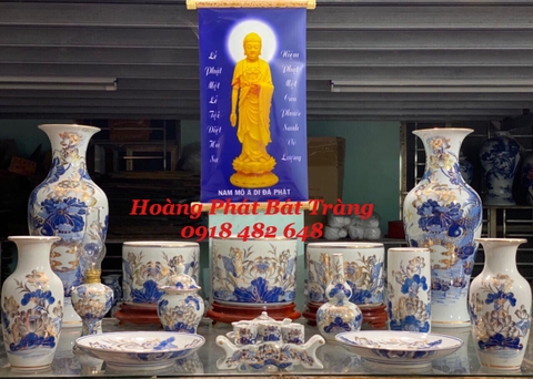 Bộ đồ thờ vẽ sen vàng kim 24k cao cấp Bát Tràng ban thờ Phật
