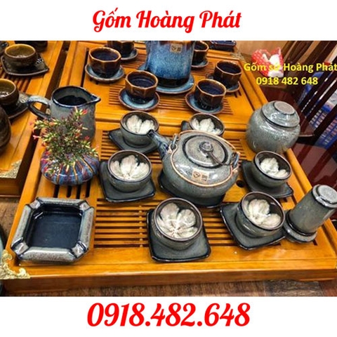 Bộ ấm chén dáng chóp men hỏa biến full phụ kiện cao cấp Bát Tràng SP4877