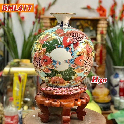 Bình hút tài lộc Cá chép liên hoa vàng kim nền xanh ngọc H30 BHL417