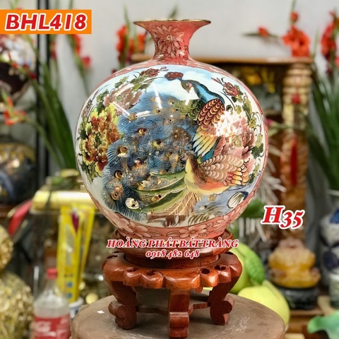 Bình hút tài lộc nhị cảnh Thuận buồm và chim công vàng kim khung đỏ H35 BHL418