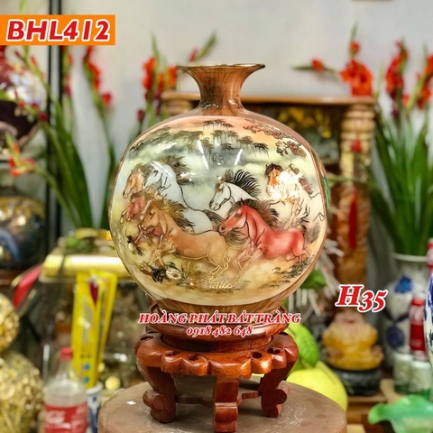 Bình hút tài lộc nhị cảnh Bát mã và công đào vàng kim H35 BHL412