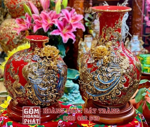 Cặp Bình hút tài lộc và tỏi công đào đắp nổi màu đỏ mạ vàng cao cấp BHL388