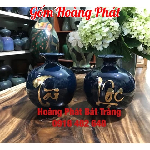 Bình hút tài lộc vẽ vàng màu xanh than cỡ nhỏ 16cm BHL153