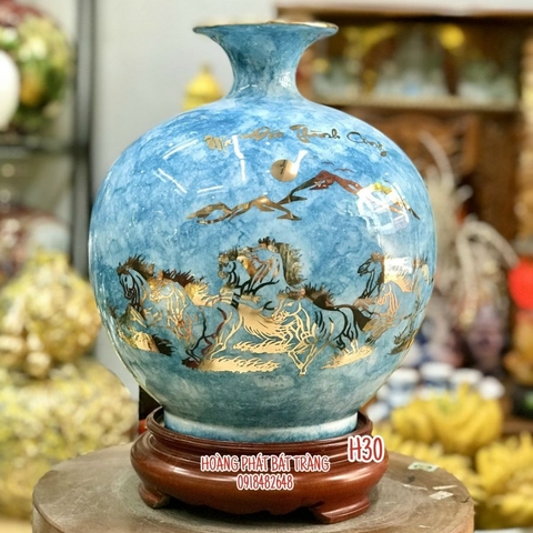 Bình hút tài lộc bát mã thành công vân đá màu xanh vẽ vàng H30