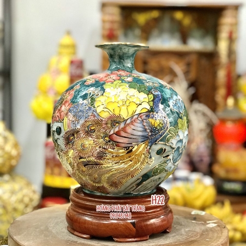 Bình hút tài lộc công danh phú quý vân nổi vẽ vàng nền xanh rêu H22