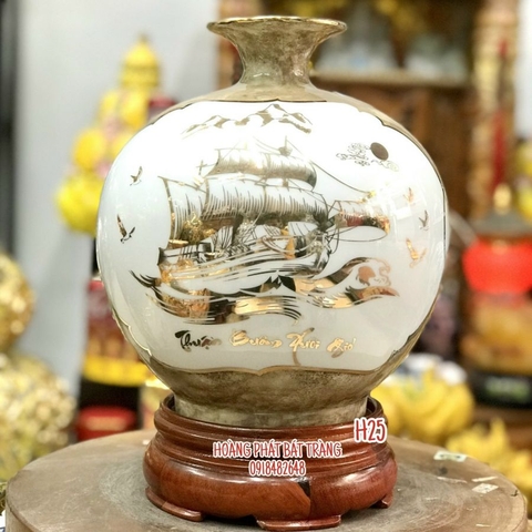 Bình hút tài lộc nhị cảnh vân đá nâu vẽ vàng cao cấp H25