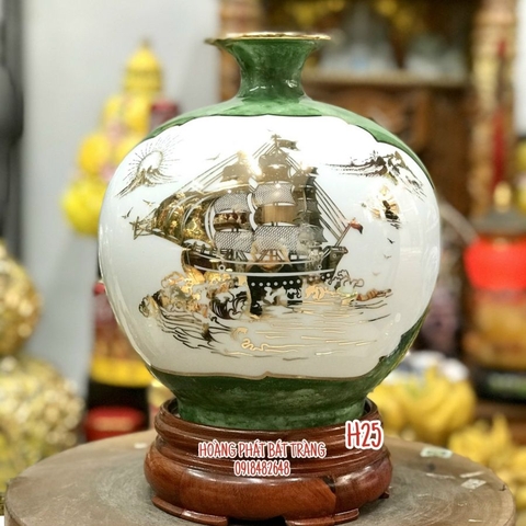 Bình hút tài lộc nhị cảnh Thuận buồm & bát mã vân đá xanh lá vẽ vàng H25