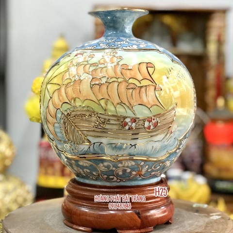 Bình hút tài lộc nhị cảnh Thuận buồm xuôi gió & Bát mã truy phong vẽ vàng H25
