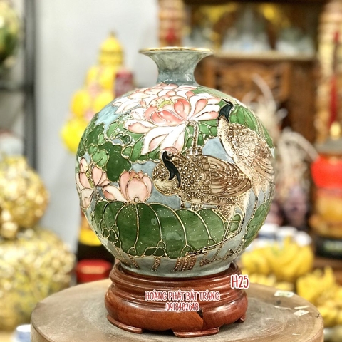 Bình hút tài lộc sen hạc phú quý vẽ vàng vân nổi H25