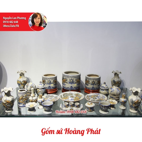 Bộ đồ thờ men rạn đắp Lưỡng long chầu nguyệt ban thờ 610cm x Rộng 1070